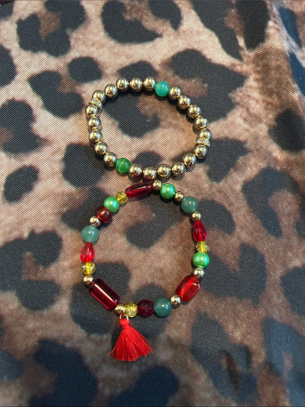 Hand Crafted Gold, Red and Green Beaded Bracelet Set